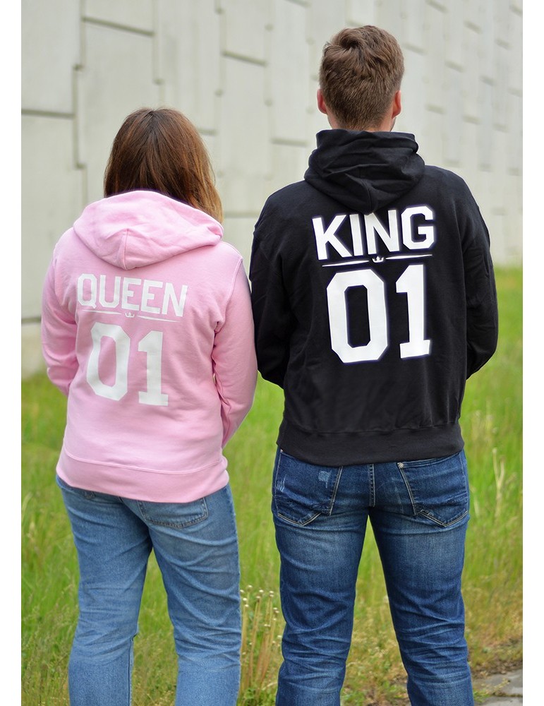 Bluzy dla par King 01 Queen 01 z kapturem czarna pudrowy róż