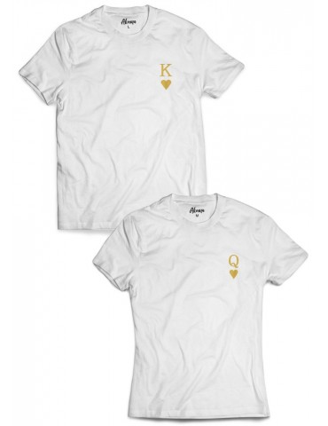 Koszulki K&Q king queen dla par ze złotym nadrukiem na piersi białe