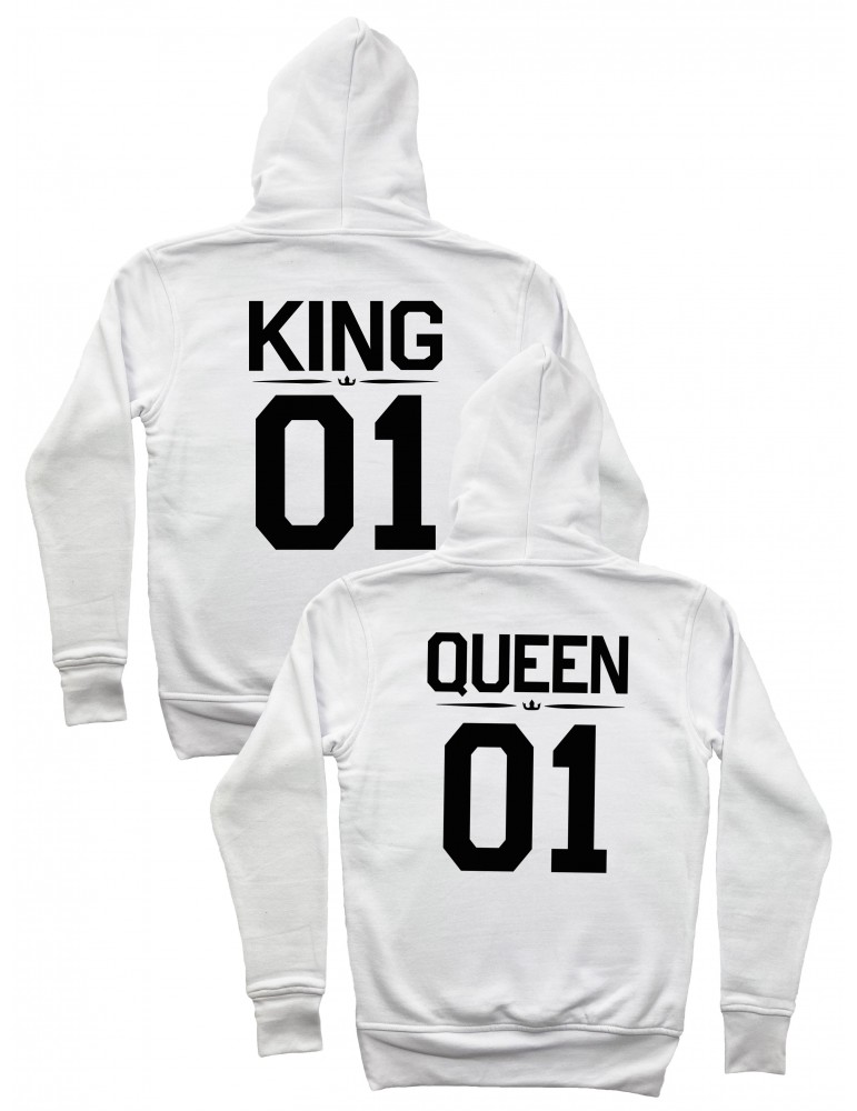 Bluzy dla par King 01 Queen 01 z kapturem białe