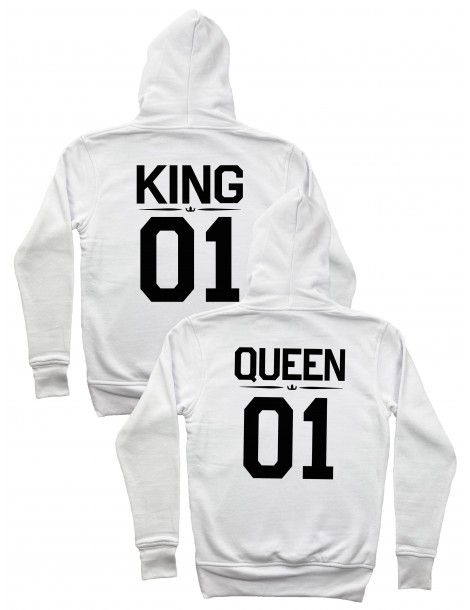 King 01 Queen 01 Bluzy dla par z kapturem białe